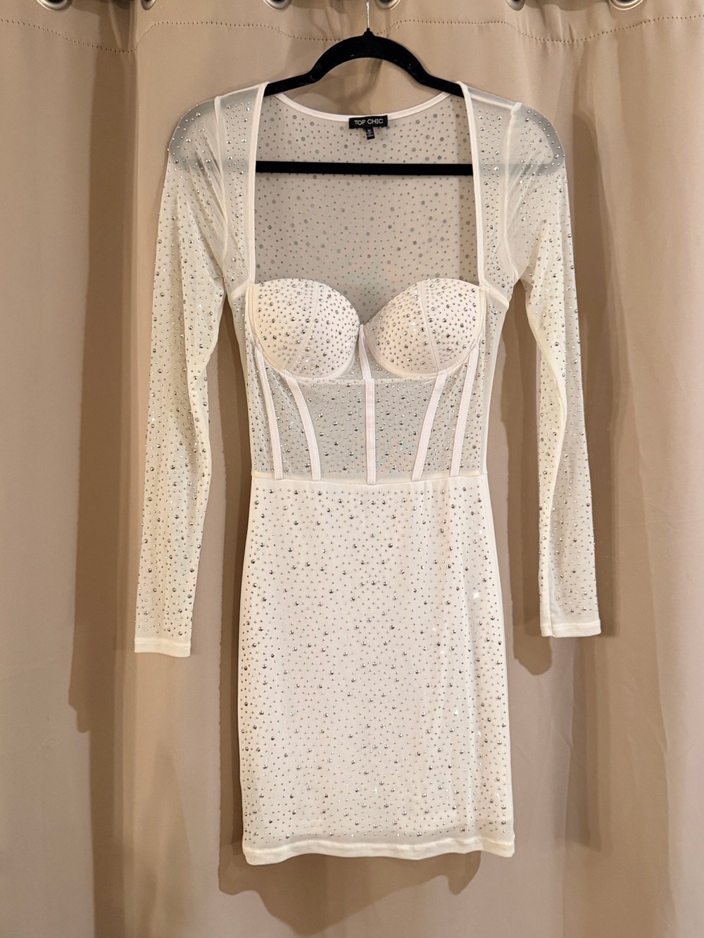 Top Chic White Embellished Mesh Bustier Bodycon Dress
